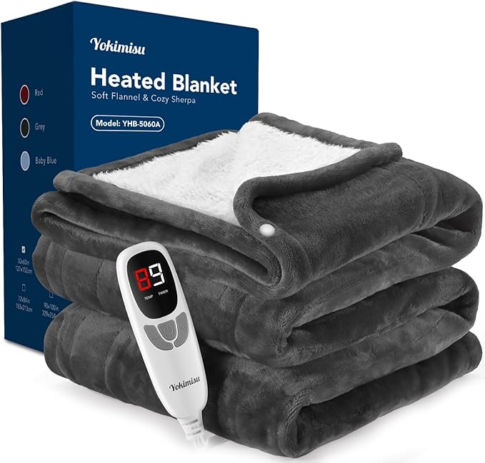 Heated Blanket Throw w/ 2 Wearable Buttons, Soft Flannel & Warm Sherpa Electric Blanket Fast Heating with 9 Heat Levels, 10 Time Settings, Over-Heat Protection, ETL Certified, 50"x60", Grey
