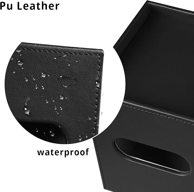 PU Leather Tissue Box Cover Square, Tissue Box Holder Organizer with Storage Tray and Remote Control Holder for Bathroom Countertop Night Stands Bedroom Office Desk,Napkin Caddy Decorative Black