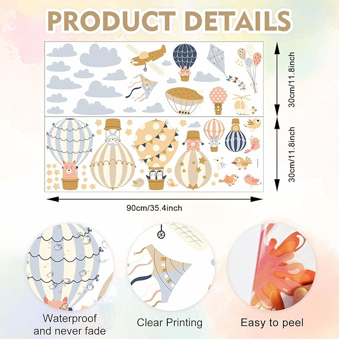 HLNIUC Large Hot Air Balloon Wall Sticker 35”x24”Baby Animal Peel And Stick Wall Art Decal Star Moon Cloud Balloons Window Cling Cartoon Airplane and Hot Air Balloon Room Sticker for Nursery Kids Room