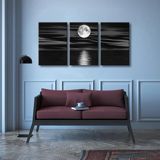 Wieco Art 3 Panel Sea White Full Moon in Night Canvas Print Wall Art Black and White Ocean Beach for Living Room Bedroom Kitchen Home Decorations Modern Abstract Artwork