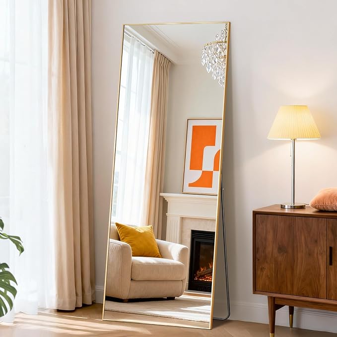 DUMOS Full Length Mirror with Stand Floor Standing Aluminum Frame for Bedroom Body Hanging Leaning Modern Simple Home Decor Shatter-Proorf Nano Glass Wall Living Room Cloakroom Light Gold 59"x16"