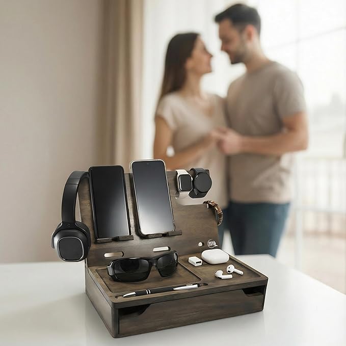 Nightstand Organizer with Drawer- Wood Phone Docking Station- Desk Organizer for Two Phones or Tablet, Watches, Headphone & Accessories- Unique Gifts for Men, Dad or Son (Rustic Gray)