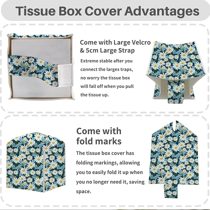 Tissue Box Cover, Tissue Box Holder, Square with Belt Bottom, PU Leather Decorative Organizer for Desk, Tabletop, Countertop Bathroom, Toilet, Car, Office, Dresser Kitchen, Aesthetic Blue Flower Decor