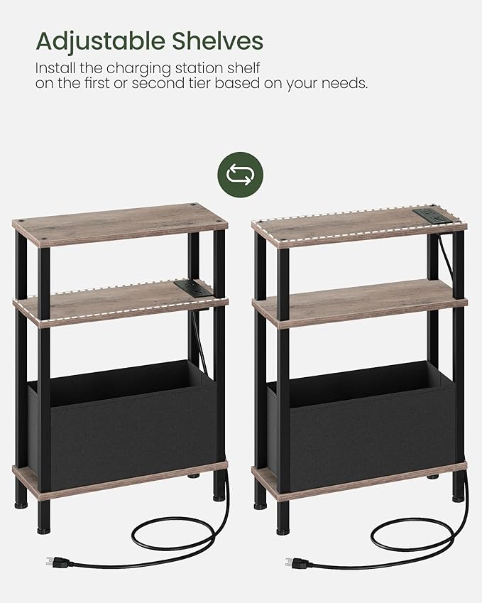 Small Narrow Side Table with Charging Station, Skinny End Table with Fabric Basket, Slim Nightstand for Small Spaces, Sofa Side Table, for Living Room, Bedroom, Greige and Black TBZ07UFH