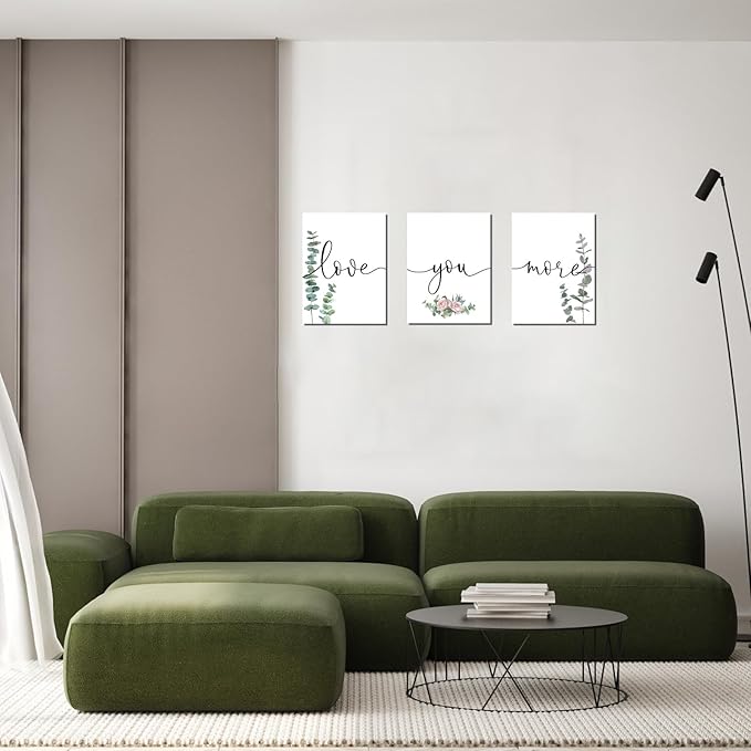 1 KINGO Love You More Wall Art: 12"x16"Love Quotes Bedroom Wall Decor Above Bed, Set of 3 Eucalyptus Wall Art Canvas Prints, Sage Green Botanical Decor for Modern Farmhouse Master Bedroom Living Room