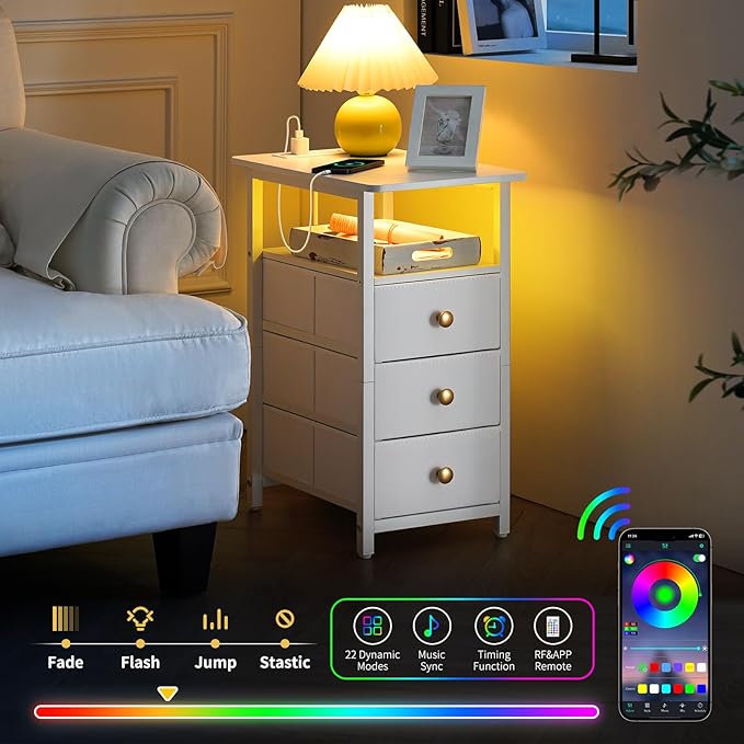 Yoobure End Table with Charging Station, LED Narrow Side Table Bedside Table, Small Night Stand End Tables Living Room, Skinny Nightstand with 3 Fabric Drawers, Side Tables Bedroom for Small Spaces