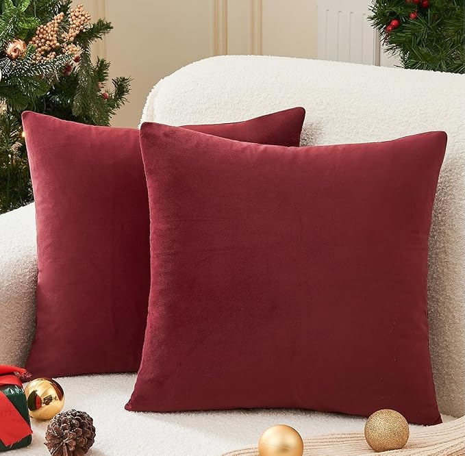 Christmas Burgundy Pillow Covers Set of 2 20x20 Inch Throw Pillow Covers, Soft Velvet Xmas Wine Red Decorative Pillow Covers for Couch Sofa Bed Living Room, Home Modern Decor