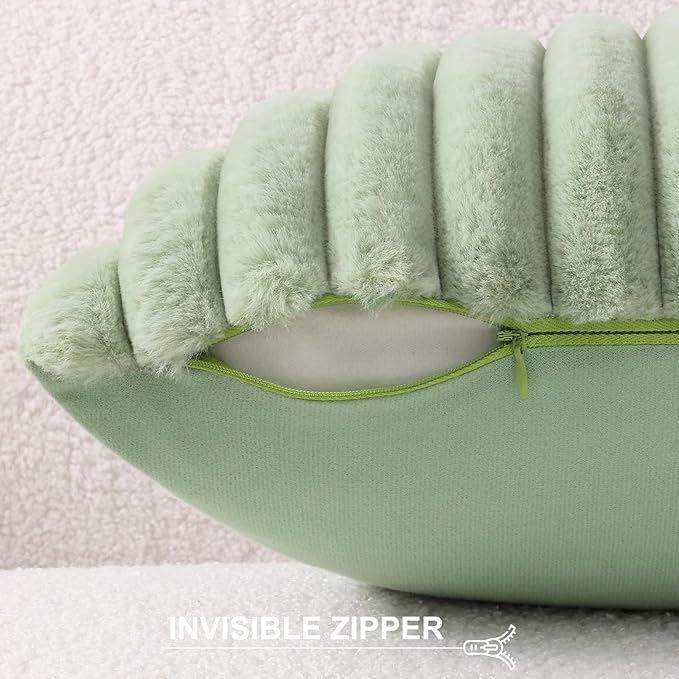 Pallene Faux Fur Plush Spring Throw Pillow Covers 24x24 Set of 2, Luxury Soft Fluffy Striped Decorative Pillow Covers for Sofa, Couch, Living Room, Sage Green