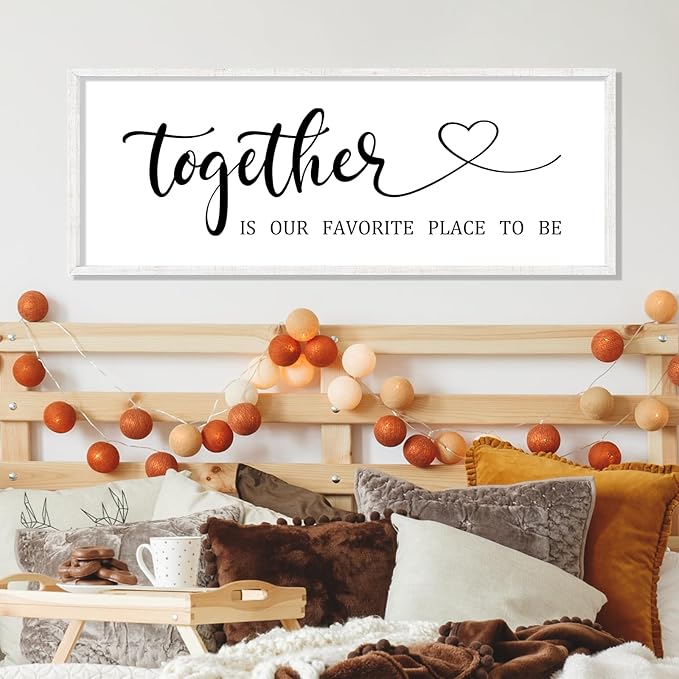 YWJKWLGS Together Is My Favorite Place to Be Sign Master Bedroom Wall Decor Above Bed 40x15 Inch Love Quotes Wall Art Large Rustic Modern Wood Framed for Couplesn (White)