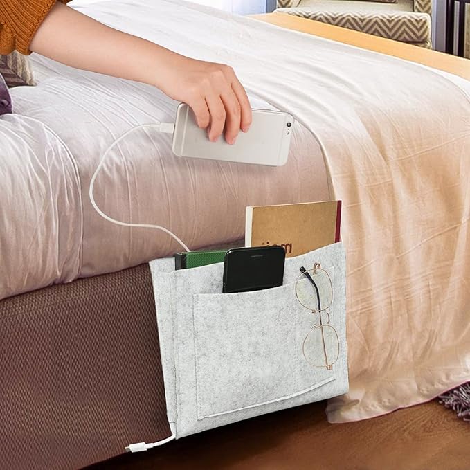 Felt Bedside Caddy,Bed Side Pocket Storage Organizer Bag with 5 Pockets and Charging Hole for Home Bedroom, Living Room (2PCS/Grey)