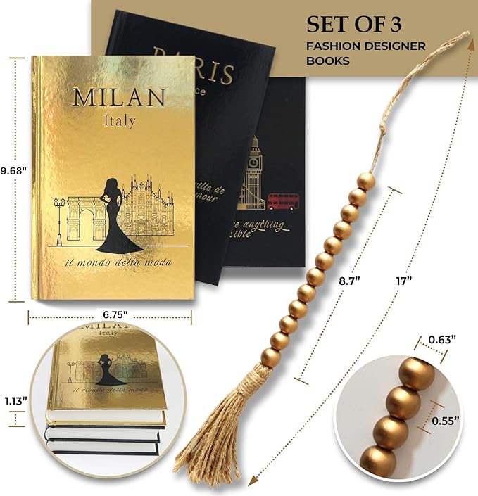SIMPLIFY ASTHETIC - Decorative Books Set of 3 with Golden Garland Bead - Decorative Books for Coffee Table, Home Decor - Designer Books Decor Set - Faux Books for Bookshelf