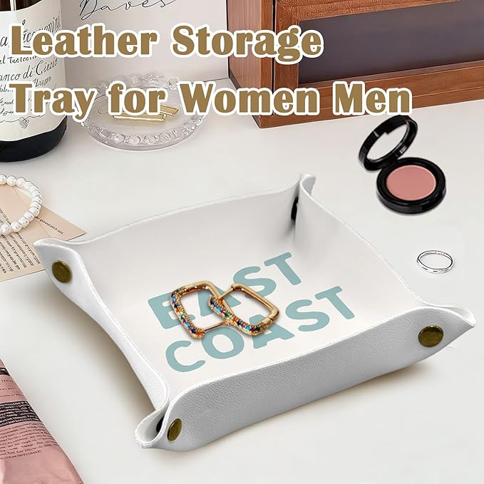 Coastal East Coast Jewelry Valet Tray for Women, Beach Lovers Gifts PU Leather Catchall Beside Caddy Nightstand Organizer Tray for Jewelry Rings Watches and Accessories, 7.87x7.87in