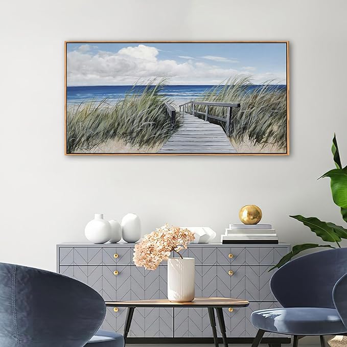 Coastal Wall Art for Living Room - Vintage Farmhouse Landscape Artwork for Walls, Framed Blue Seascape Canvas Decor, Beach Pictures for Bedroom, Ocean Wall Decor Home Decorations 20×40IN