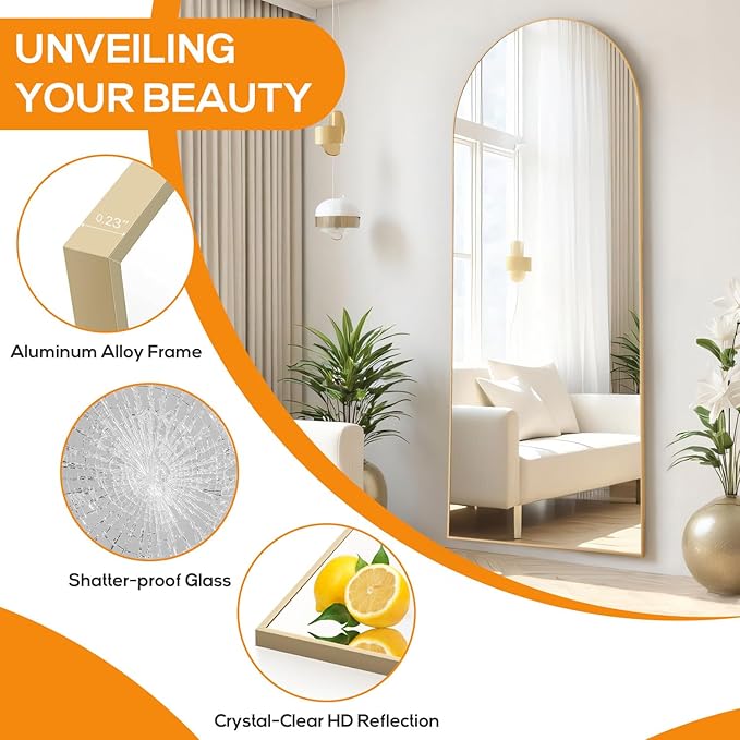 Mirror Full Length, Upgraded Body Wall Mirrors with Shatter-Proof Glass, Floor Standing, Hanging or Leaning, Tall Mirror with Stand Aluminum Alloy Frame for Bedroom Cloakroom