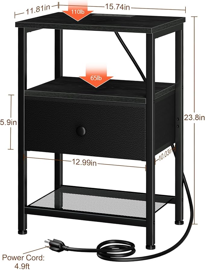 Night Stand with Charging Station, Small Bedside Table with Fabric Drawer, Nightstand with USB Ports & Outlets for Bedroom, Living Room, Black, HETS010BK-1