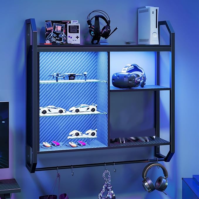 Bestier LED Gaming Floating Shelves, 34" Wall Mounted Shelf Pipe Shelves Hanging Display Rack Bookshelf with 6 S-Hook, Gaming Room Decor Wine Coffee Bar, Black Carbon Fiber