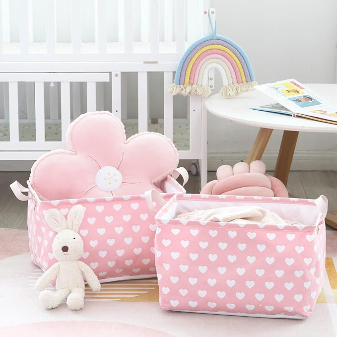 Hinwo Large Canvas Fabric Storage Basket with Handles, 33L/8.6-Gal Rectangle Bin, Collapsible Storage Box, Clothes, Toys, Blankets Organizer, 16.5 x 12 x 10 Inches (L, Pink Heart)