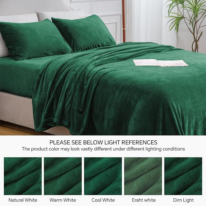 BEDELITE Flannel Sheets Full Size Dark Green - Super Soft Fleece Sheets Set Fluffy Extra Plush, 4 Piece(Include Fitted Sheet, Flat Sheet, 2 Pillowcases)