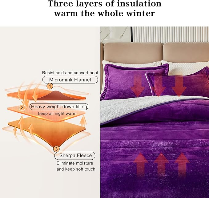 3-Layer Luxury Flannel Fleece Thick Bed Blanket Twin Size, Soft Plush Velvet Sherpa Blanket with 2 Pillow Shams Heavy Warm for Winter, Breathable n Washable, Purple
