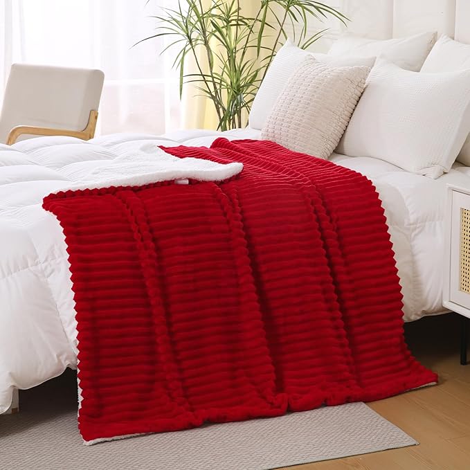 Red Sherpa Fleece Throw Blanket 90”×90” for Couch Sofa Bed,Super Soft Cozy Plush Double Side Thick Flannel Blanket with Striped Design Lightweight for Adults,Woman,Girls
