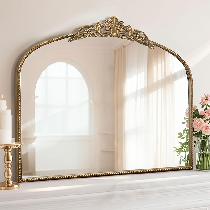 Micasso Large Gold Antique Mirror: 40"x29" French Baroque Arched Mirror - Traditional Ornate Vintage Mirrors for Wall/Mantel/Entryway/Bathroom/Hallway - Home Decor for Living Room