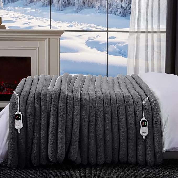Heated Blanket King Size, Faux Fur Cozy Heating Blanket with Overheat Protection, 1/2/4/6/8 Hours Auto-Off 10 Heat Level, Machine Washable (90x100 Inches, Darkgrey)
