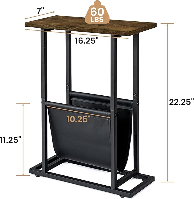 Narrow Side Table for Small Place,Metal Table with PU Leather Bag,Slim Nightstand for Reading Or Storage,Sofa Side Table for Living Room,Bedroom,Brown