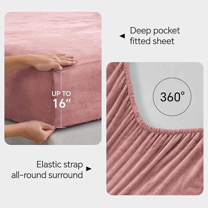 BEDELITE Flannel Sheets King Size Dusty Pink - Super Soft Fleece Sheets Set Fluffy Extra Plush, 4 Piece(Include Fitted Sheet, Flat Sheet, 2 Pillowcases)