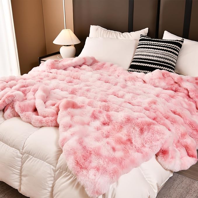 H&D Faux Fur Throw Blanket for Couch,Fluffy Cozy Soft Plush Luxury Thick Fuzzy Fleece Blanket for Couch Bed Sofa Bedroom Living Room,Comfy Bubble Blanket