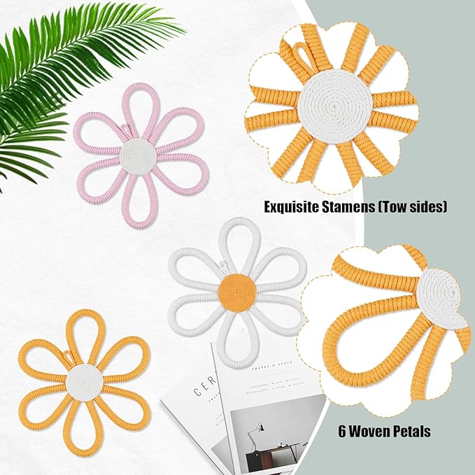 6 Pcs Boho Nursery Daisy Wall Decor, Woven Flowers Wall Hanging Art - Orange Pink and White Boho Floral Room Decor with Lanyard for Office Toddler Baby Little Girls Kids Home Bedroom Above Bed Decor