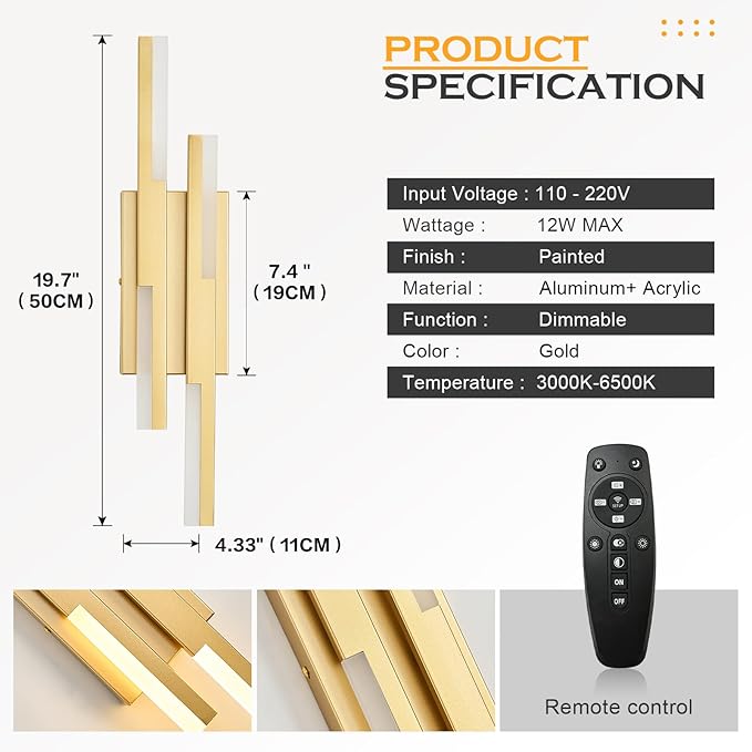 Modern LED Vanity Lights Set of 2, Gold Wall Sconce with Remote Control Dimmable Indoor Wall Light Bedside Remote Sconce for Bedroom Bathroom Living Dining Room (2 Pack H19.7’’)