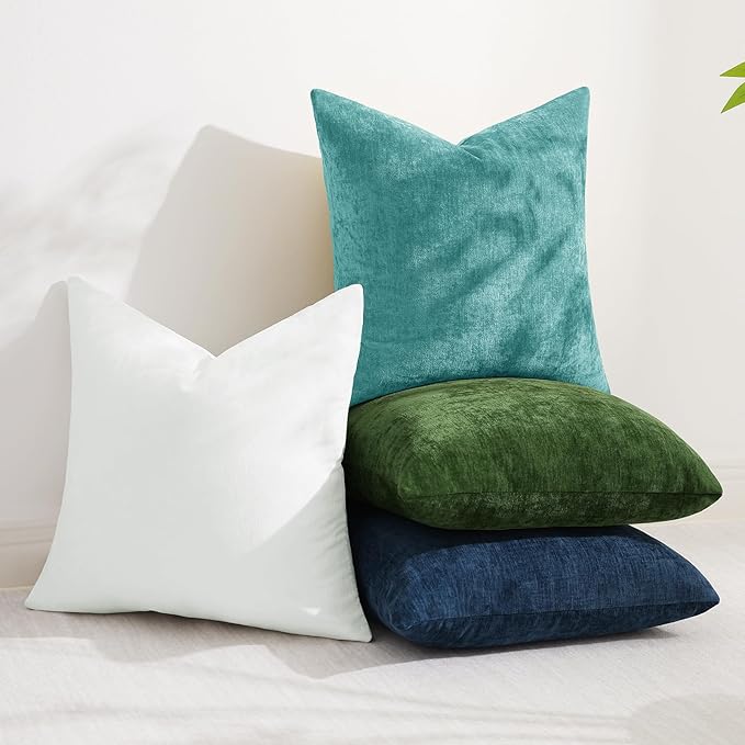 decorUhome Chenille Turquoise Summer Throw Pillow Covers 20x20 Inch Set of 2, Decorative Soft Couch Pillow Covers Solid Dyed Accent Farmhouse Neutral Square Pillow Cases for Sofa