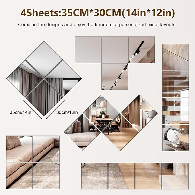 Mirror Wall Full Length,12X14 Inch Unbreakable Mirror Tiles for Bedroom Home Gym Door, Acrylic Mirror Full Body Shatterproof Mirror Stickers for Walls,Mirror Sheets (4pcs)