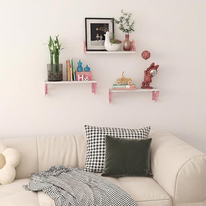 Hoikwo 3 Pack Butterfly Wall Shelves, White Pink Floating Book Shelves, for Mother, Mom, Women, Girls, for Preppy Room Decor, Living Room, Bedroom Decor Aesthetic