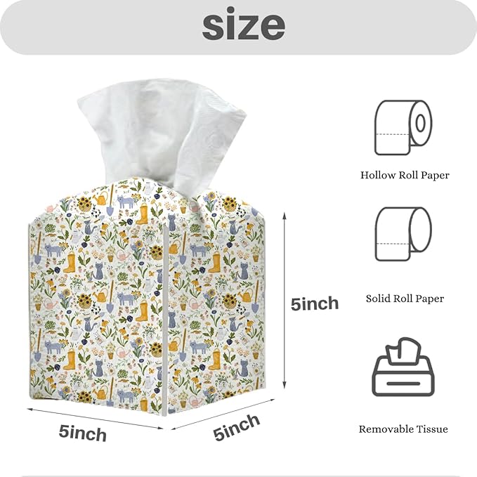 Tissue Box Cover, Tissue Box Holder, Square with Belt Bottom, PU Leather Decorative Organizer for Desk, Tabletop, Countertop Bathroom, Toilet Car, Office, Dresser Kitchen, Cat Boots Flower Decor