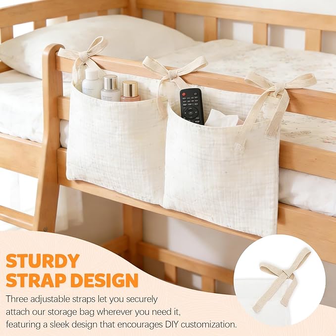2 Pieces Solid ColorBedside Caddy with 2 Pockets, Bedside Hanging Storage Organizer, Dorm Rooms Bunk Bed Storage Bag for Home Phone Remote Control Key Glasses (Light Tan, White)