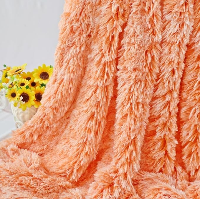 Plush Super Soft Blanket Bedding Sofa Cover Furry Fuzzy Fur Warm Throw Qulit Cozy Couch Blanket for Winter (51"x63",Orange and White)