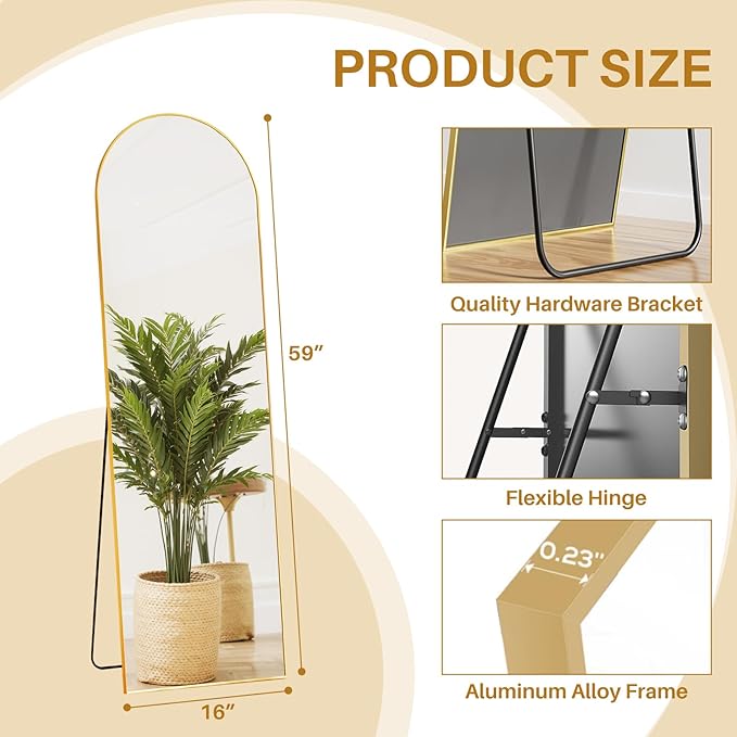 Full Length Mirror 59"x16" Full Body Mirror Arched Free Standing Wall Mounted Leaning Floor Mirrors with Stand Aluminum Alloy Frame for Bedroom Cloakroom, Matte Gold
