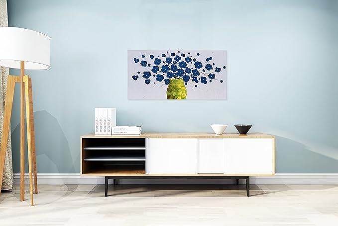 SYGALLERIER Blue Flower Canvas Wall Art in Vase with 3D Hand Painted Textured Modern Aesthetic Botanical Pictures Contemporary Oil Paintings for Living Room Bedroom Dinning Decor