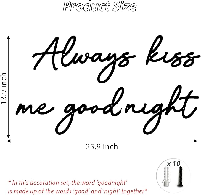 Always Kiss Me Goodnight Wall Sign Metal Wall decor Love Theme Wall decor Wall Hanging Sculptures for Bedroom Living Rooms, Black, 25.9" x 13.9"