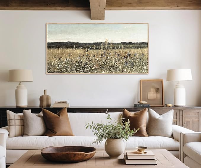 DJSYLIFE Framed Vintage Wall Art, Extra Large Wildflower Fields Canvas Wall Art, Classical Flowers Landscape Painting Prints, Country Farmhouse Living Room Decor, Modern Home Bedroom Decor 24x48inch