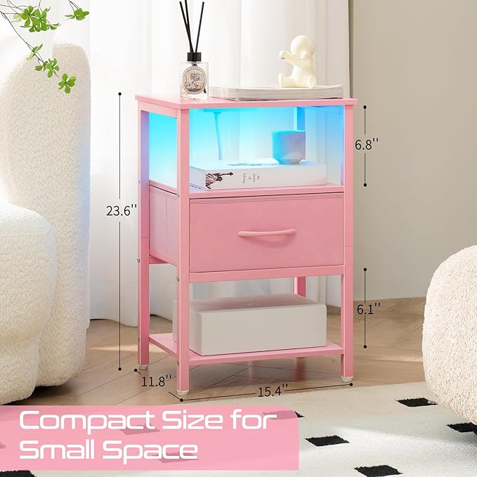 Yoobure Pink Night Stand with Charging Station, LED Nightstand for Bedroom, Bedside Tables with Adjustable Fabric Drawer, 3-Tier End Table Living Room, Small Side Table with Storage