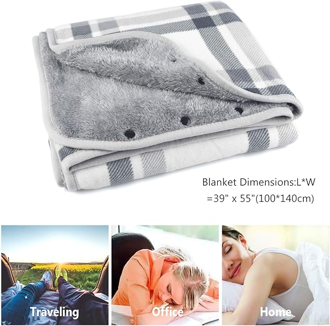 forestfish Fleece Wearable Blanket, Plaid Lap Blanket Comfy Poncho Throw with Buttons for Bed Sofa Office, Grey-White