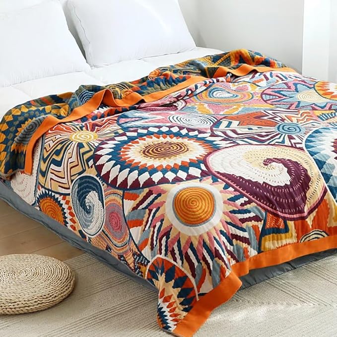 Boho Blanket for Bed 100% Cotton Bohemian Throw Blankets Ultra Soft Woven Muslin Decorative Blankets All Seasons Vintage Quilt Knitted Blanket for Sofa Chair (Colorful, 50"x60")