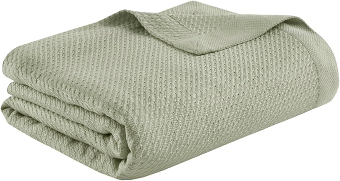 Madison Park 100% Egyptian Cotton Lightweight Summer Blanket, Breathable Waffle Knit Design, Soft Cozy All-Season Throw for Bed, Couch or Sofa, Sage Green Full/Queen Size (90"x90")