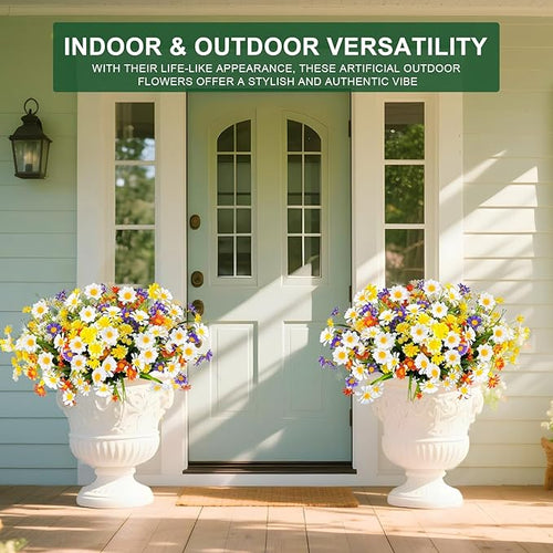 12 Bundles Artificial Daisy Flowers for Outdoors Summer Decor, UV Resistant No Fade Fake Flowers Faux Plastic Greenery Shrub Plants for Hanging Planter Home Gardens Porch Cemetery Décor(Mix 4 Colors)