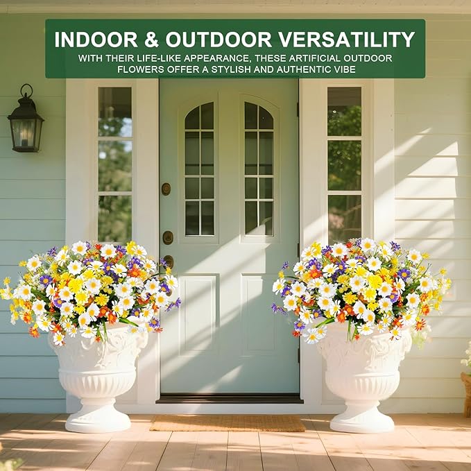 8 Bundles Artificial Daisy Flowers Outdoors Summer Decor, UV Resistant No Fade Fake Flowers Faux Plastic Greenery Shrub Plants for Hanging Gardens Window Box Porch Spring Cemetery Décor(Mix 4 Colors)
