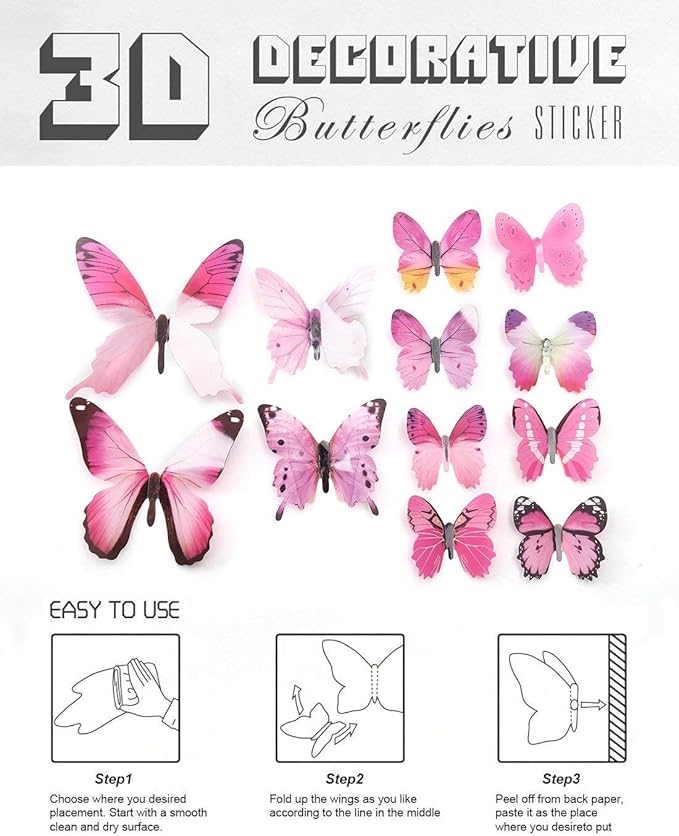 60pcs Butterfly Wall Decor, Plastic Fake Butterflies Wall Art Artware Decorations for Birthday Wedding Christmas Party Decorations, Cake Decorations, Removable Stickers
