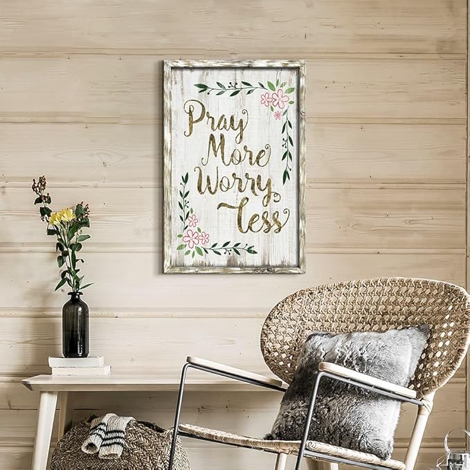 Bible Verses Decor Wall Art: Wooden Christian Quotes Framed Picture Farmhouse Religious Scripture Inspirational Artwork Pray More Worry Less Sayings Print for Home Bedroom Office