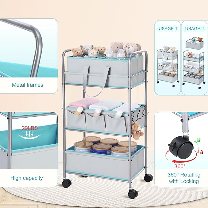 2in1 Colorful Baby Diaper Caddy Organizer Cart 3 Tier Large Capacity Metal Utility Bedside Rolling Cart with Divider for Newborn Nursery Essential Must Have Crib Bedroom Baby Shower (Blue)